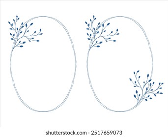 Hand-drawn frames with botanical elements. Subtle elegant oval frames with delicate branches in sketch style isolated on a white background