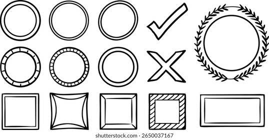 Hand-drawn frames, circles, crosses, and check marks
