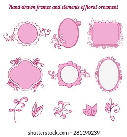 Hand-drawn frames and floral elements. Vector design. 