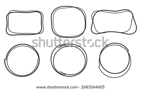 Hand-drawn frames set.  Sketchy circles and rounded square outlines in minimal black line art, versatile borders for labels, stickers, badges, packaging, and modern diy design.