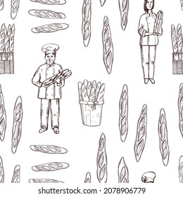 Hand-drawn french baguette bread set. Baguette in a basket, bakers with bread. Vector  seamless pattern.