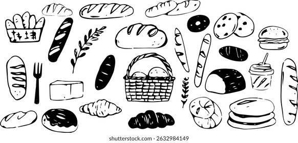 Ícones Vetoriais De Padaria Francesa Desenhados À Mão - Pão Artesanal, Pastéis, Croissant, Baguette