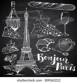 Hand-drawn French Food On Chalkboard