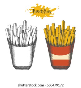 Hand-drawn French fries. Doodle and in color. Sketch, engraving, hatching. Vector Design elements for menu or advertising.