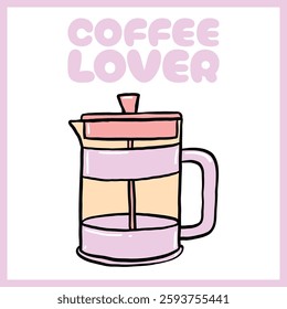 Desenhado à mão a ilustração francesa da imprensa cafeteira com cores pastel e o texto "Café Amante", emoldurado em uma borda decorativa, Vetor