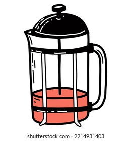 hand-drawn french press. A kitchen utensil in doodle style. Vector illustration