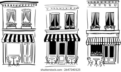 Desenhado à Mão Francês Café Storefront Illustration - Esboço Preto e Branco Minimalista da Cafeteria Parisiense com Toldos, Mesas, Janelas e Varanda Floral - Conjunto Vetor de Arte Linha Elegante