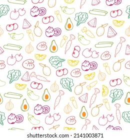 hand-drawn fresh fruits and vegetables in small shapes against a white background. Ideal for visuals related to nutrition, healthy lifestyle, or incorporating organic elements into creative projects