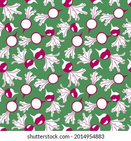 Hand-drawn fresh radish seamless pattern vector. White and pink root vegetables on green seamless pattern. Fresh radish surface design for kitchen, clothes, textile, home decor and more