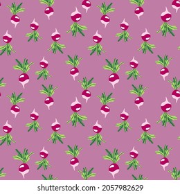 Vector de patrones sin costura de rábano fresco dibujado a mano. Gracioso rábano rosa con hojas verdes interminables vector de textura. Diseño de superficie de embalajes vegetarianos y veganos naturales