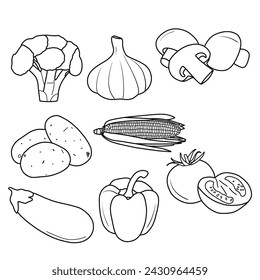Hand-drawn fresh vegetables set. All kinds of vegetables for cooking meals are isolated on a white background.