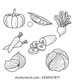 Hand-drawn fresh vegetables set. All kinds of vegetables, are isolated on a white background.