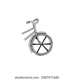 Hand-drawn front wheel and front part of bicycle vintage style vector logo.