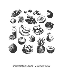 Sortimento de frutas desenhadas à mão em arte de linha detalhada com bananas, abacaxi, cocos, citrinos e bagas. Ideal para embalagens de alimentos naturais, marca de produtos orgânicos ou decoração de cozinha