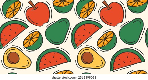 Hand-drawn fruit in bold, lively colors adorns the vibrant, seamless pattern. The design highlights playful designs of oranges, watermelons, avocados, and apples.