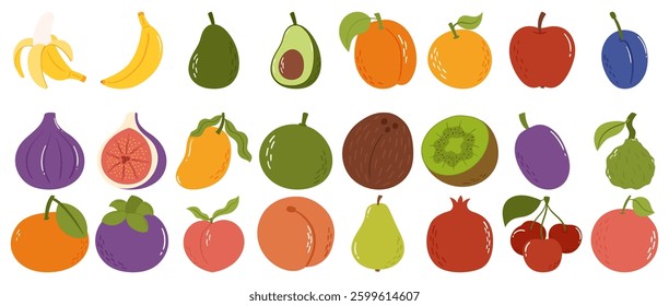 Hand-Drawn Fruit Collection with Tropical and Exotic Fruits in a Modern Flat Style