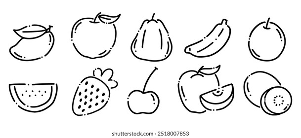 Iconos de Doodle de frutas dibujados a mano | Vector Colección de Frutas Frescas para Proyectos de Alimentación, Salud y Diseño Orgánico | Conjunto de bocetos de frutas tropicales y de verano