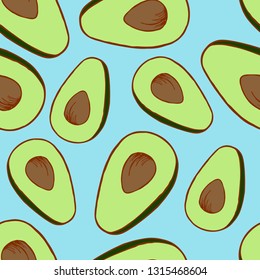Handdrawn fruit seamless patter with avocado, vector illustration, on blue background