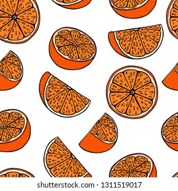 Handdrawn fruit seamless patter with orange, vector illustration, on white background
