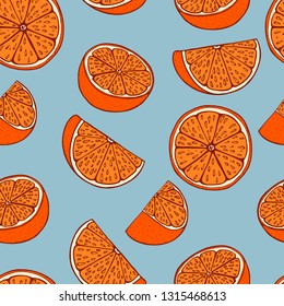Handdrawn fruit seamless patter with orange, vector illustration, on blue background