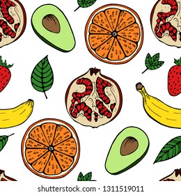 Handdrawn fruit seamless patter with set of fruit, vector illustration, on white background