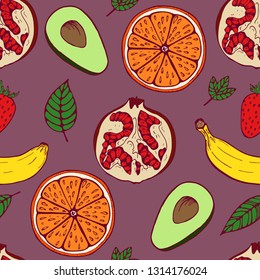 Handdrawn fruit seamless patter with set of fruit, vector illustration, on violet background