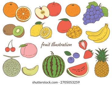 handgezeichnetes Fruchtset, Strichzeichnung, Farbe, Vektorgrafik