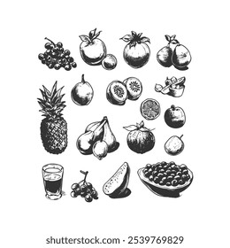 Fruto desenhado à mão definido em estilo vintage line-art, incluindo uvas, citrinos, abacaxi e várias frutas exóticas. Ideal para embalagens de alimentos orgânicos, menus de restaurantes e projetos de estilo de vida saudável