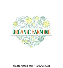 hand-drawn fruit, vegetables, nuts symbols and organic agriculture concept. scribbling fruit, vegetable symbols and organic farming. heart shaped fruit, vegetable symbols and organic farming