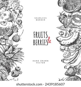 Hand-drawn fruits and berries create a seamless border in this vector card. Black and white graphic illustration in sketch style, ready for your text.