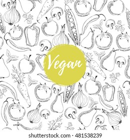 hand-drawn fruits and vegetables pattern vector. Vegan poster