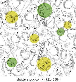 hand-drawn fruits and vegetables pattern vector