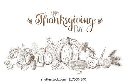 Hand-drawn fruits and vegetables. Thanksgiving and harvest festival. Engraved style.