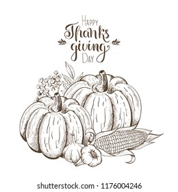 Hand-drawn fruits and vegetables. Thanksgiving and harvest festival. Engraved style.