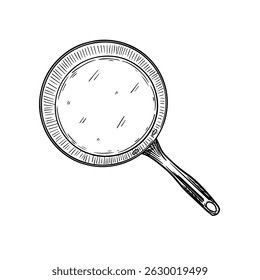 Hand-drawn frying pan. Vintage line art style, vector illustration isolated on white background.