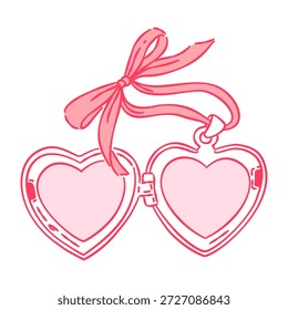 Hand-drawn fully open pink heart locket with ribbon bow, double photo frame illustration isolated on white background.