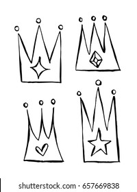 Hand-drawn fun doodle on the princess crown theme. Vector set in monochrome. Included 4 crown with star, diamond & heart decor elements. Good for prints, invitation cards, stickers & any your design!