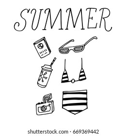 Hand-drawn fun doodle on the Summer vacation theme. Beach elements vector set. Included swimwear, eyeglasses, drink and other attributes. Good for prints, cards, poster, stickers and any your design.