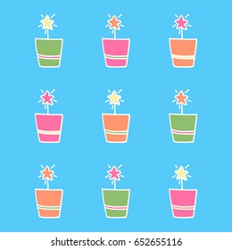 Hand-drawn fun doodle of plants in pots. Modern minimal elements vector set in bright colors on blue background. Good for prints, wallpapers, cards, printables and wrapping paper design and other.