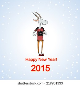 Hand-drawn fun goat dressed in a casual style, with the camera, christmas card