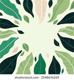 A hand-drawn fun vector poster background featuring leaves viewed from below, low angle shot,in light pastel greens, creating a fun, calm, and nature-inspired design with a playful artistic touch.