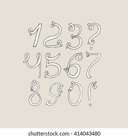 Hand-drawn funky digits, isolated on light background. Hand drawn grunge sequence vector illustration. Numbers based on swirls, loops and calligraphy style. Unique design for your print or lettering
