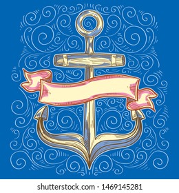 Hand-drawn funky ornate decorative anchor emblem