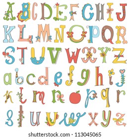 Hand-drawn funny alphabet isolated on white.