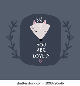 Handdrawn funny arctic fox card, sign. Decor elements, cute animal. Vector, clip art.