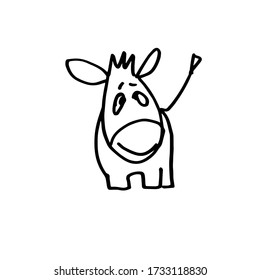 Hand-drawn funny cartoon donkey. Black and white Doodle vector illustration