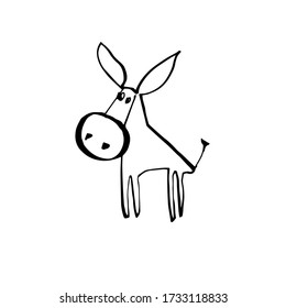 Hand-drawn funny cartoon donkey. Black and white Doodle vector illustration