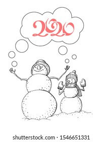 Hand-drawn funny cartoon snowmen in knitted hats. Black and white vector negoviki with their hands up and a bubble for text with the inscription 2020. Drawing for coloring.
