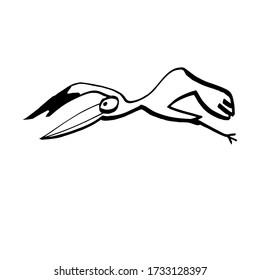 Hand-drawn funny cartoon stork. Sketch. Black and white Doodle vector illustration