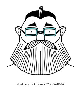 Hand-drawn funny characte, the face of a man with a beard and glasses, vector illustration, doodle people face